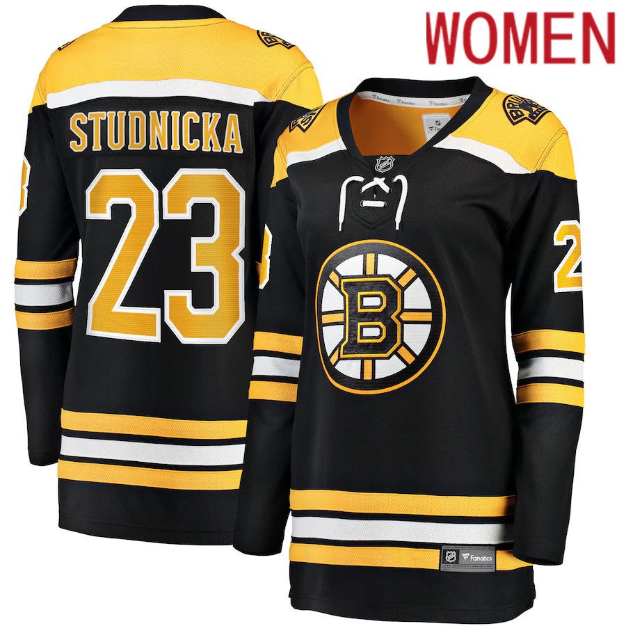 Women Boston Bruins #23 Jack Studnicka Fanatics Branded Black Home Breakaway Player NHL Jersey->women nhl jersey->Women Jersey